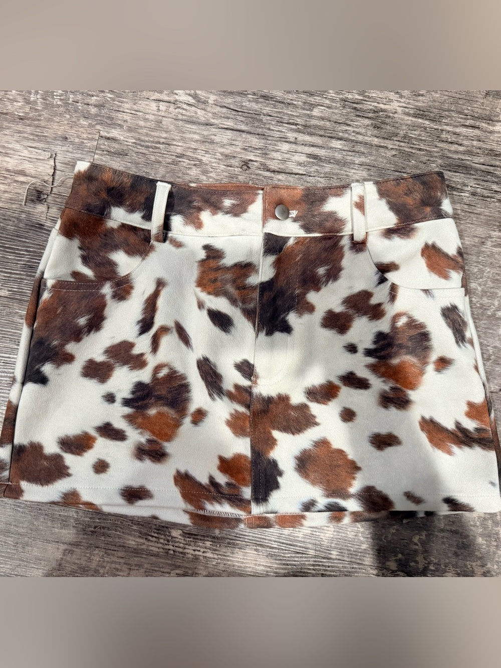 Sincerely Jules Cow-Print Mini Skirt in White and Brown